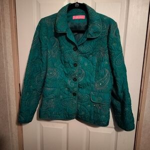 Burda Moon Green Jacket Size M w/Multicolor Embrodriary Thread Lightweight